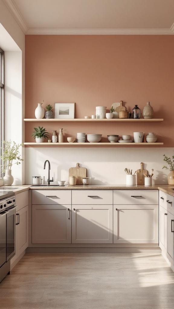 A kitchen with cabinetry that blends with the walls, featuring soft colors and minimalistic design.
