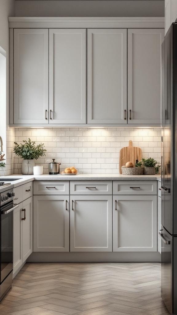 A modern kitchen with gray cabinetry and built-in lighting under the cabinets.