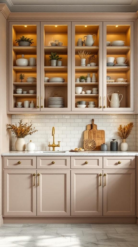Stylish kitchen cabinets with open compartments showcasing dishes and decor