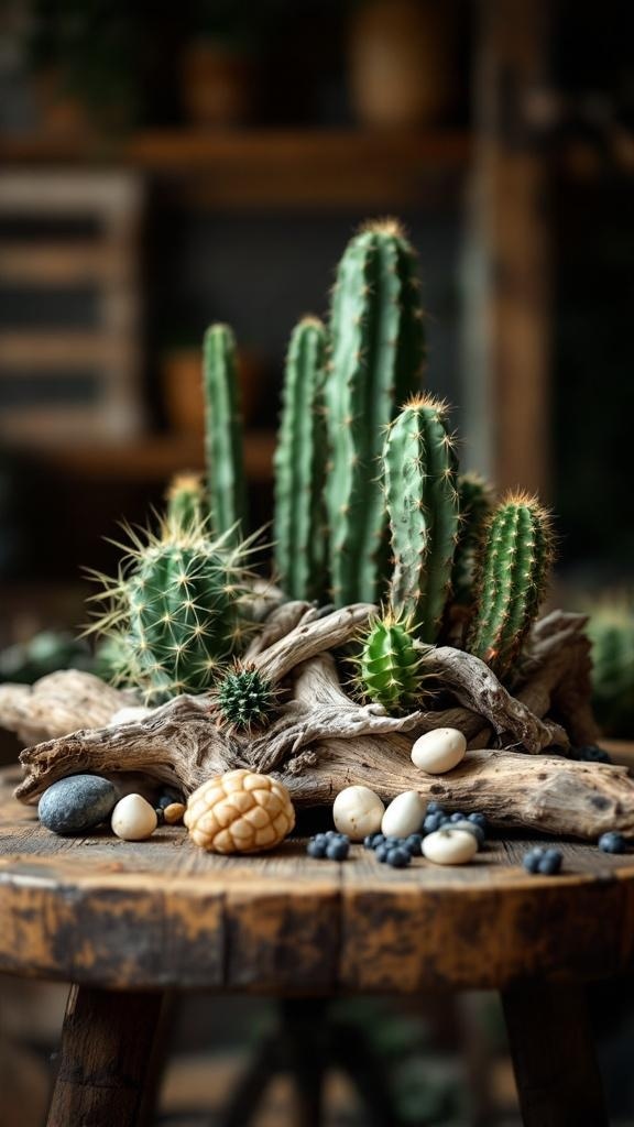 Cacti and driftwood arrangement on a wooden table