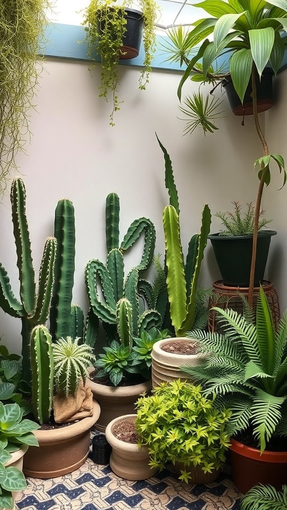 A cozy corner featuring various potted ferns and cacti against a wall.