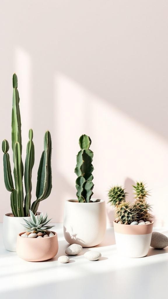 Cacti in pots with decorative stones on a light background.