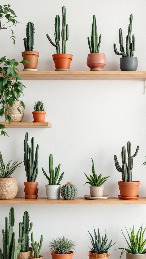 A collection of cacti displayed on wooden shelves with various pots.