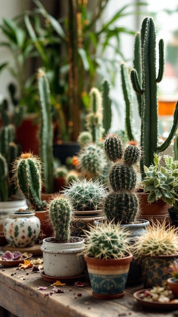 A variety of cacti in vintage containers on a wooden table.