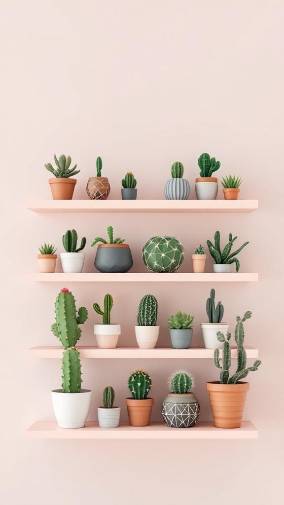A colorful shelf display featuring various cacti in different pots.