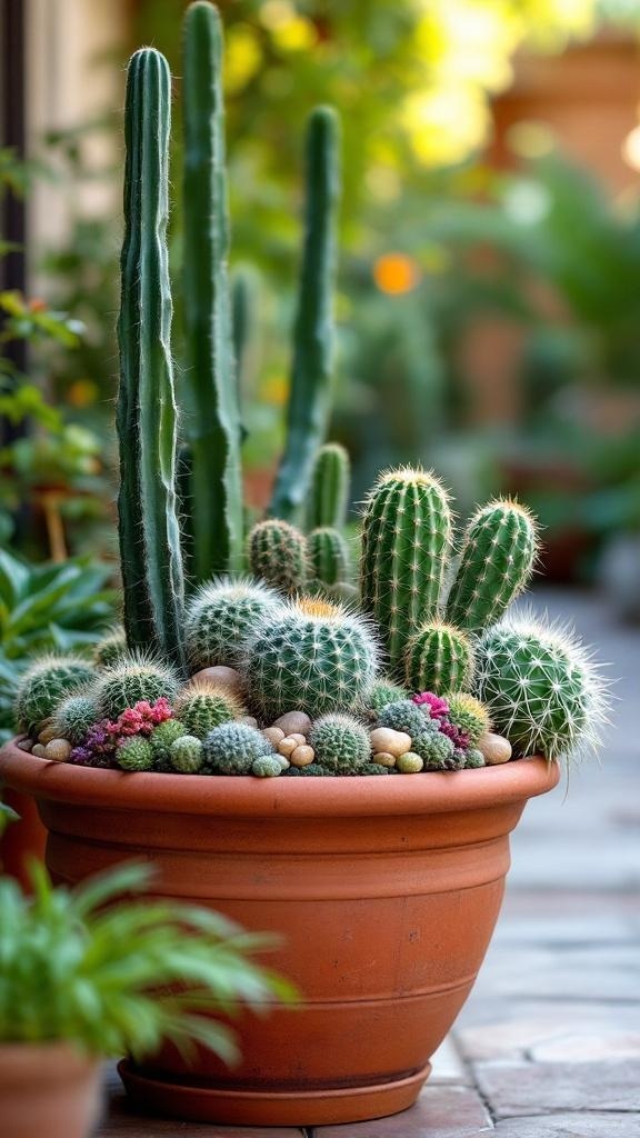 A vibrant cactus garden arranged in a terracotta pot, showcasing various cactus species.