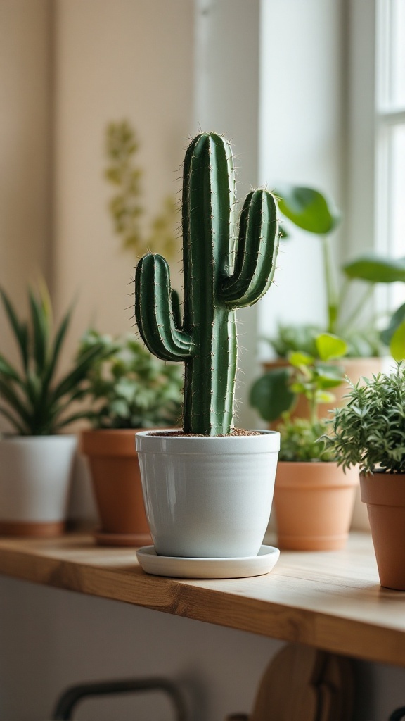 A cactus in a white pot on a kitchen shelf surrounded by various plants.