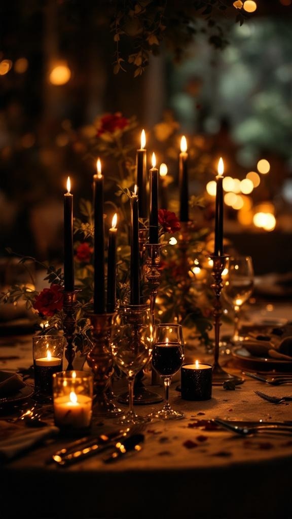 A beautifully set wedding reception table with black candles and soft lighting.