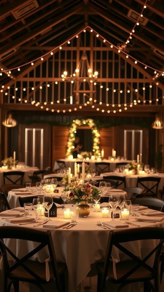 Candlelit barn reception with tables set for guests, decorated with flowers and candles.