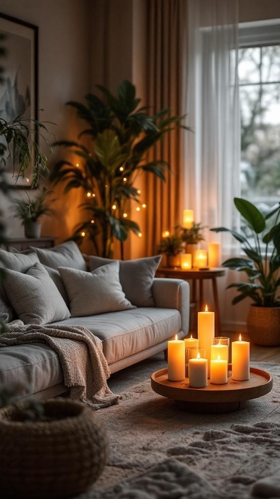 A cozy living room with candles and plants, featuring a sofa and a rug.