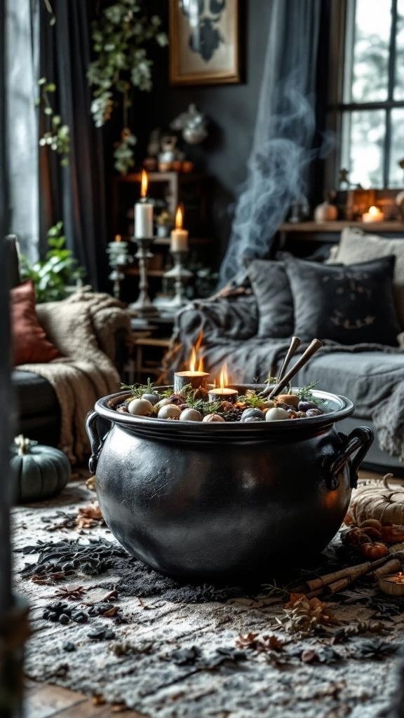 A black cauldron coffee table surrounded by cozy living room decor, featuring candles and autumn leaves.