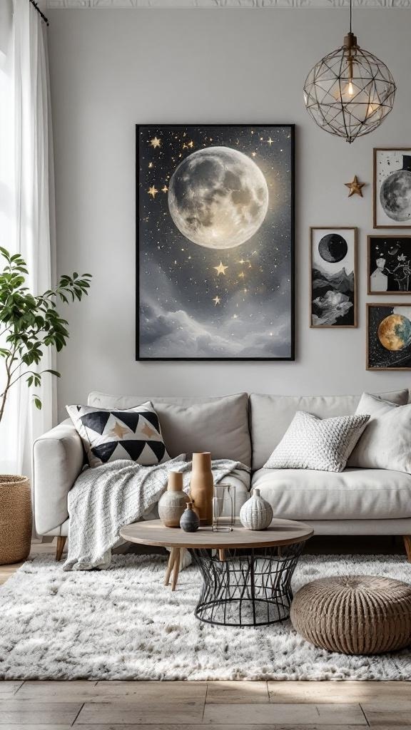 A cozy living room featuring celestial-themed decor with moon and star artwork.