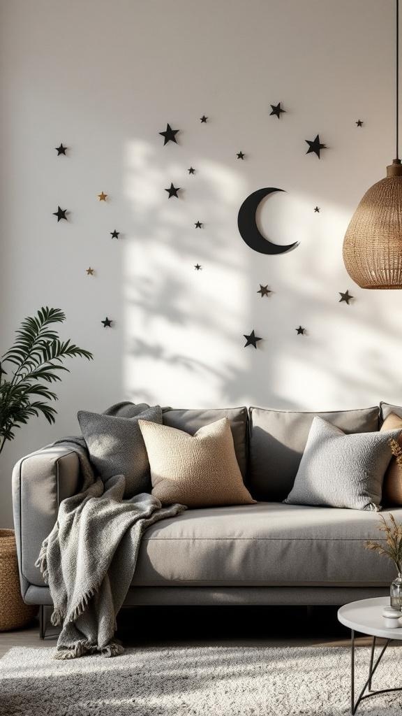 A cozy living room with celestial accents including stars and a moon on the wall.