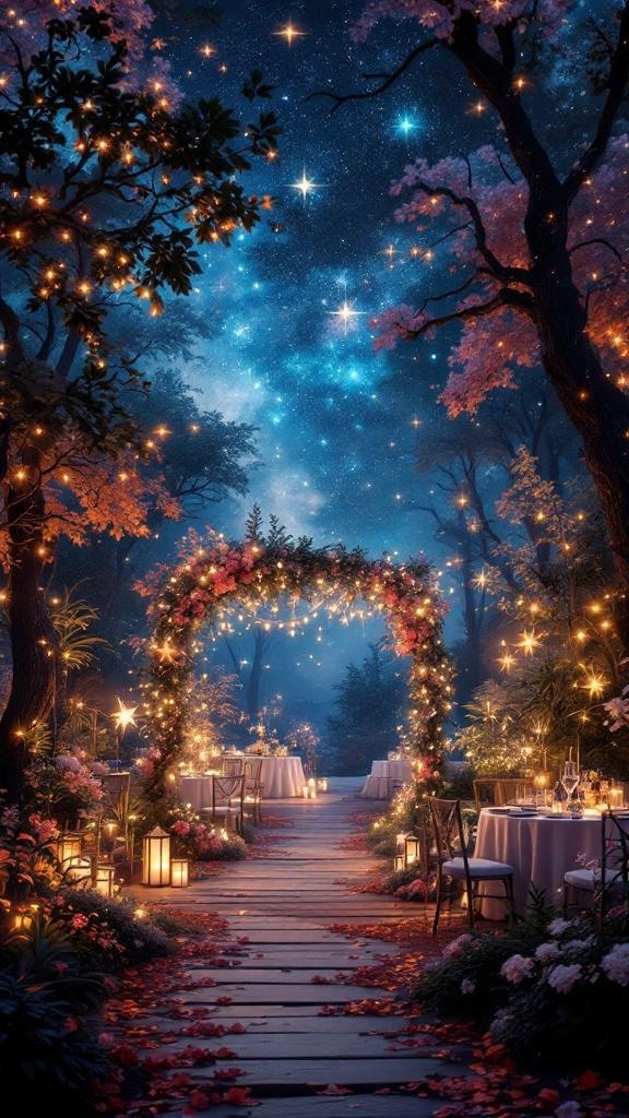 A romantic wedding setup under a starry night sky with floral decorations and soft lighting.
