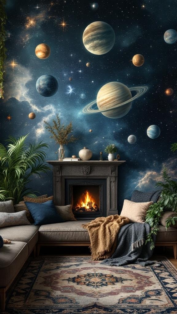 A cozy living room with a celestial wall mural featuring planets and stars, complemented by a fireplace and comfortable seating.