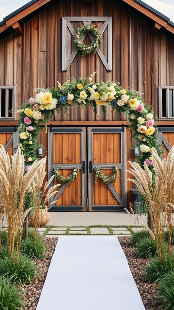 Ceremony arch decorated with wildflowers in front of a rustic barn.
