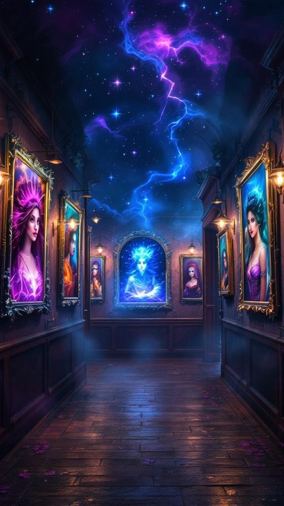 A mystical hallway with portraits of enchanting figures, illuminated by soft lights and a starry sky.