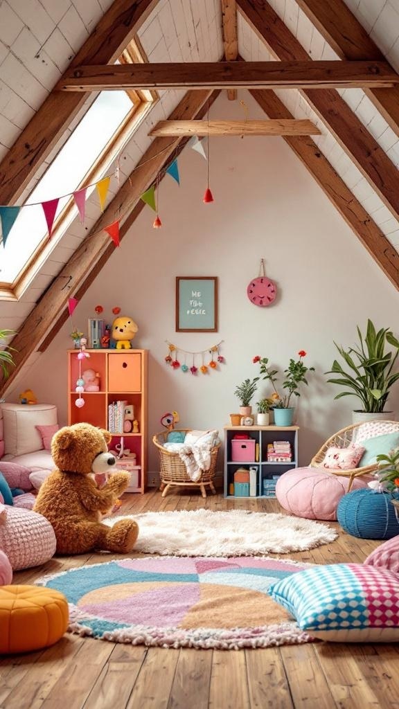A charming attic playroom for kids featuring colorful decor, cozy seating, and playful accents.