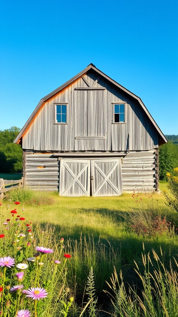 A rustic barn surrounded by wildflowers under a clear blue sky.