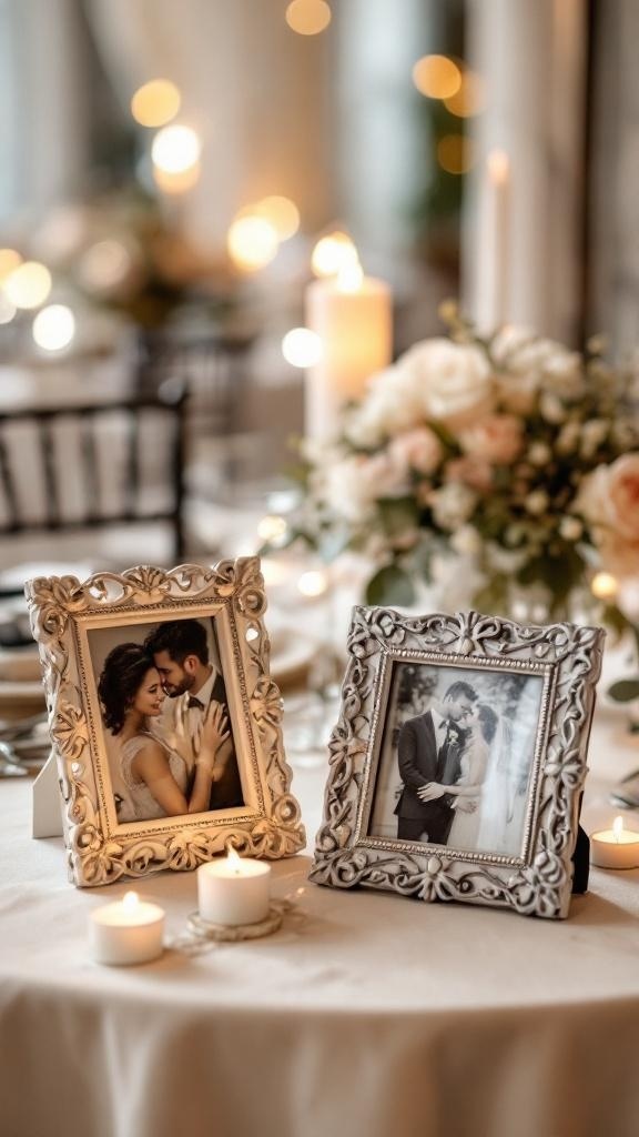 Two elegant black and white photo frames on a wedding reception table with candles and flowers.