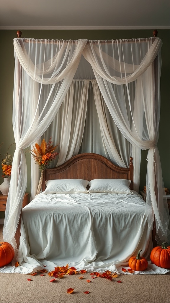 A cozy bedroom featuring a canopy bed with soft drapes, decorated with pumpkins and autumn leaves.