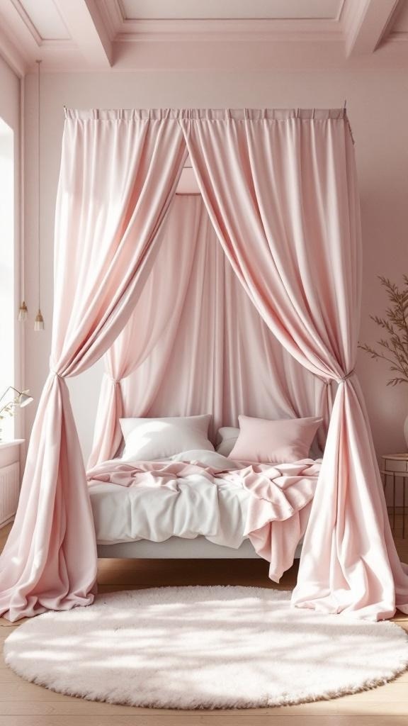 A charming pink canopy bed with soft drapes and a cozy bedding arrangement.