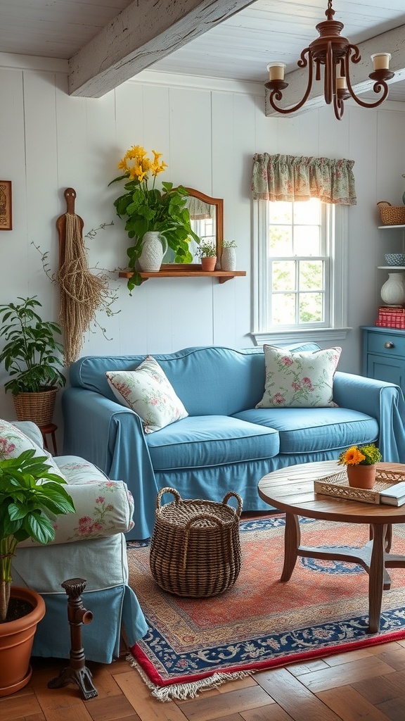 Cozy cottage living room with blue slipcovered sofa and floral pillows, featuring natural light and plants.