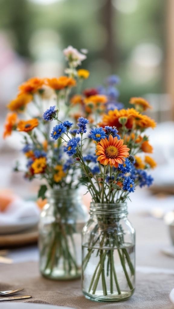 Blue and orange wildflower centerpiece jars