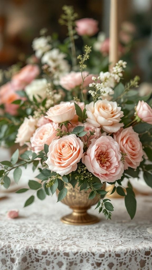 A beautiful floral centerpiece featuring soft pink roses and greenery in a golden vase on a lace tablecloth.