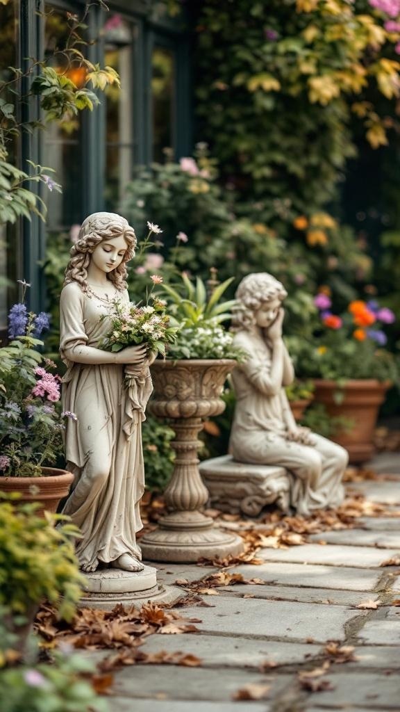 Two vintage garden statues surrounded by flowers in a cozy outdoor setting.
