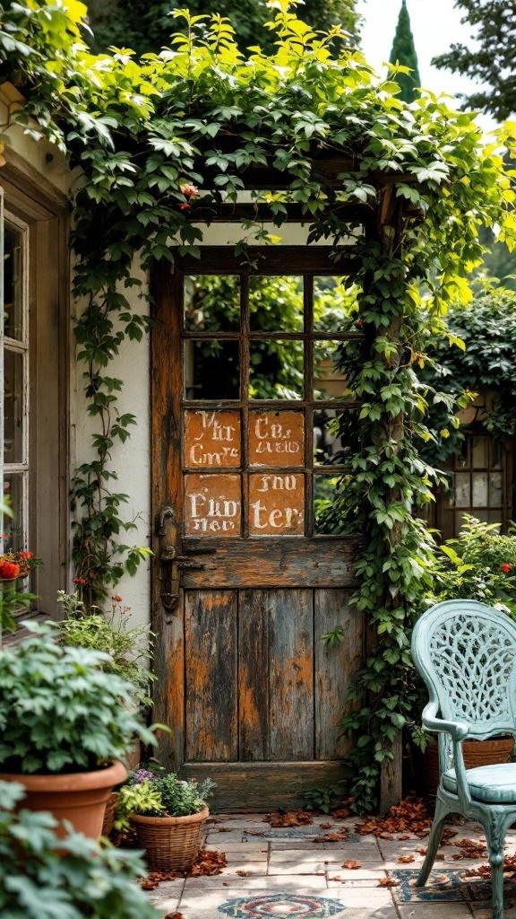A charming garden trellis with lush green vines and an inviting outdoor space.