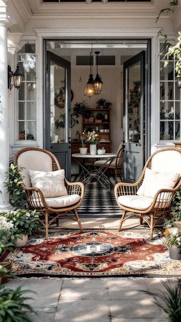 A cozy patio with two chairs and a vintage rug.