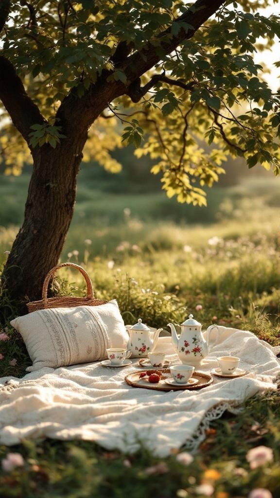 A charming outdoor tea setup with a blanket, teapot, and teacups under a tree.