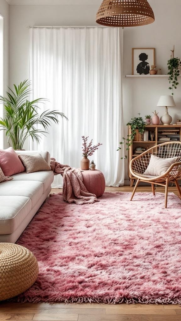 A cozy living room featuring a soft pink rug, a white sofa, and natural decor elements.