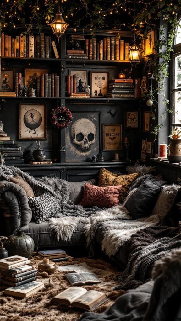 Cozy reading nook with dark decor, plush sofa, and bookshelves filled with books.