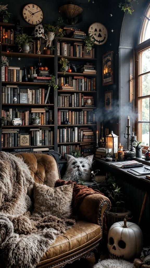 A cozy reading nook with a leather chair, fluffy throws, and shelves filled with books and decor.