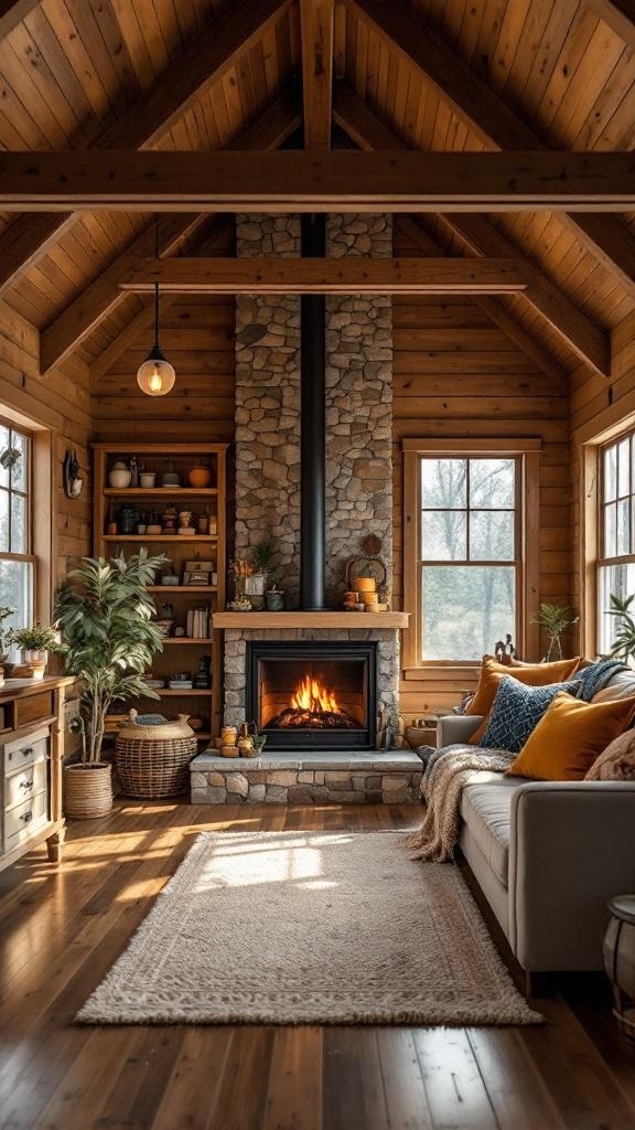 Cozy rustic interior of a tiny house with wooden beams and a stone fireplace.