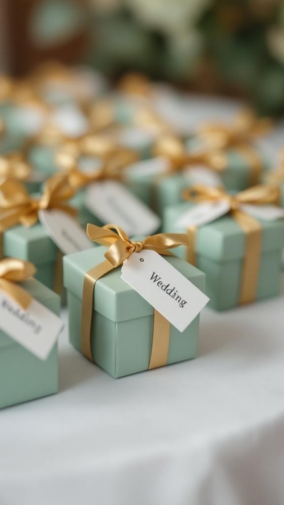 Sage green wedding favor boxes with gold ribbons and tags.
