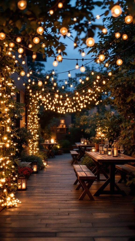 A cozy patio with string lights creating a warm atmosphere.