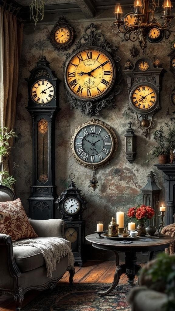 A cozy living room featuring various vintage clocks on the wall, creating a warm and inviting atmosphere.