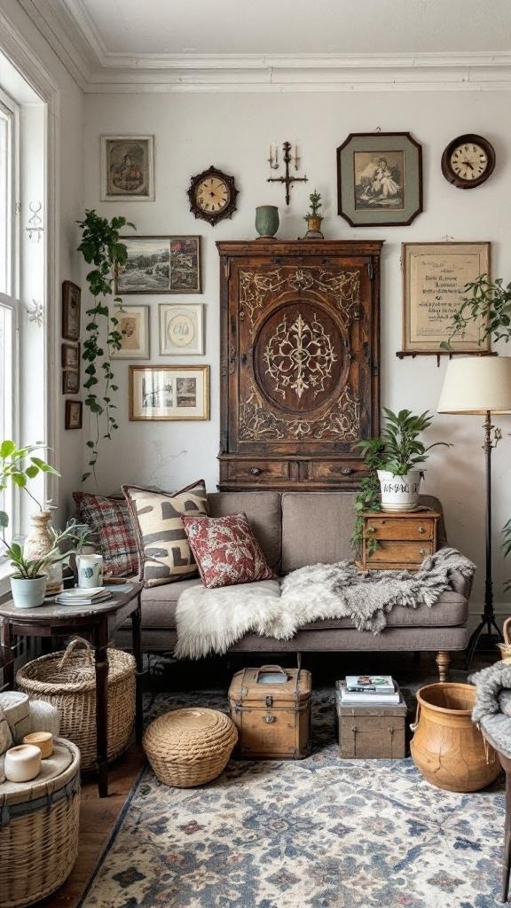 A cozy vintage living room with a brown sofa, decorative pillows, and various vintage decor items.