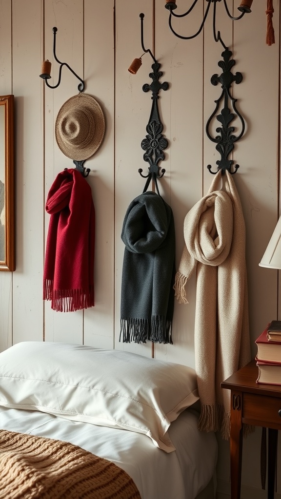 Charming wall hooks displaying scarves and a hat in a vintage bedroom setting.