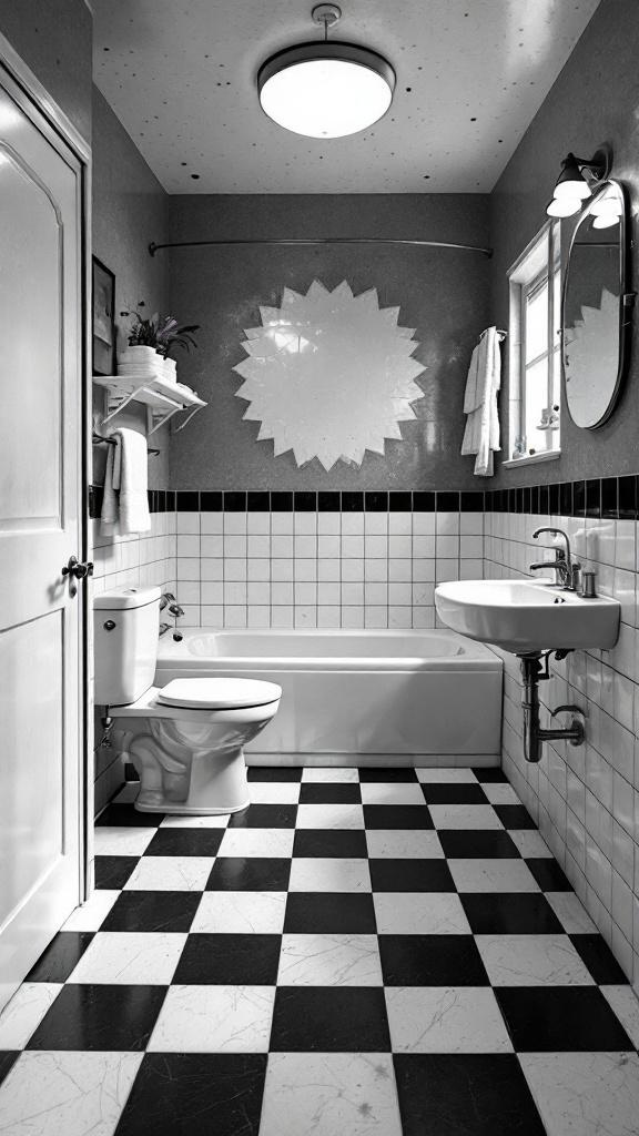 A bathroom featuring a black and white checkerboard floor with a bathtub, toilet, and sink.