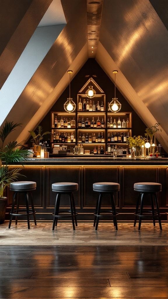 Chic attic bar area with black cabinetry and sophisticated lighting.