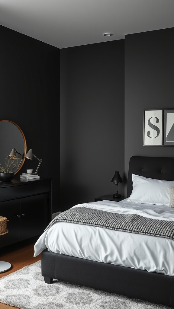 Cozy black bedroom featuring a black bed frame, nightstands, and stylish decor.