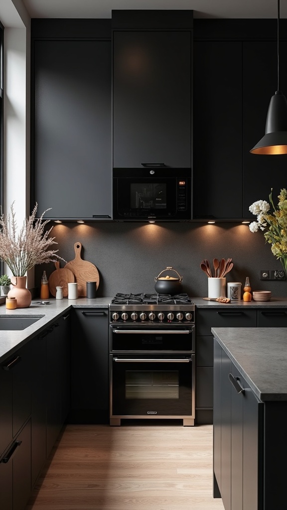 A modern black kitchen with sleek cabinetry and warm wood accents.