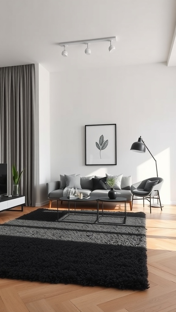 A stylish living room featuring a black rug, modern furniture, and bright natural light.