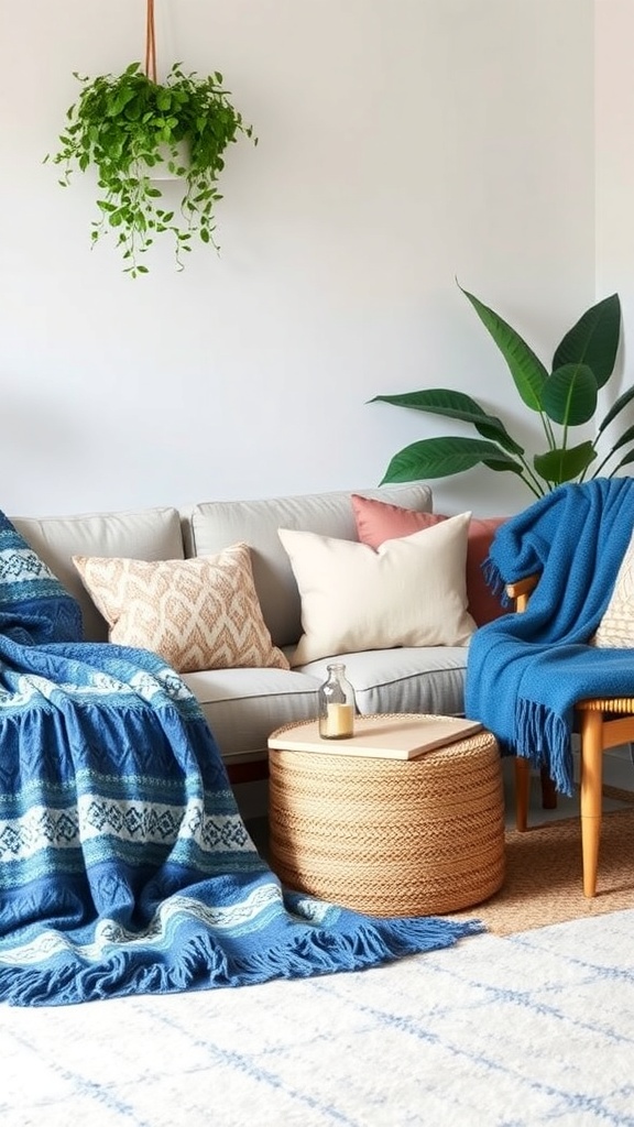 A cozy living room with blue throw blankets draped over furniture, featuring a light sofa and a woven coffee table.