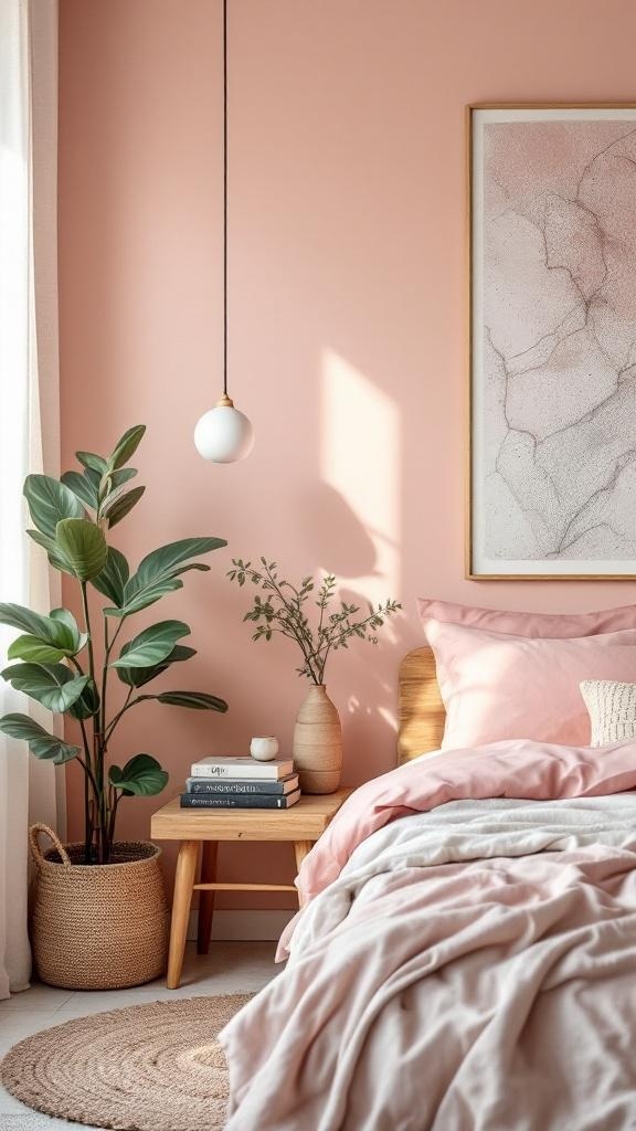A cozy bedroom featuring a blush pink accent wall, wooden furniture, and plants.