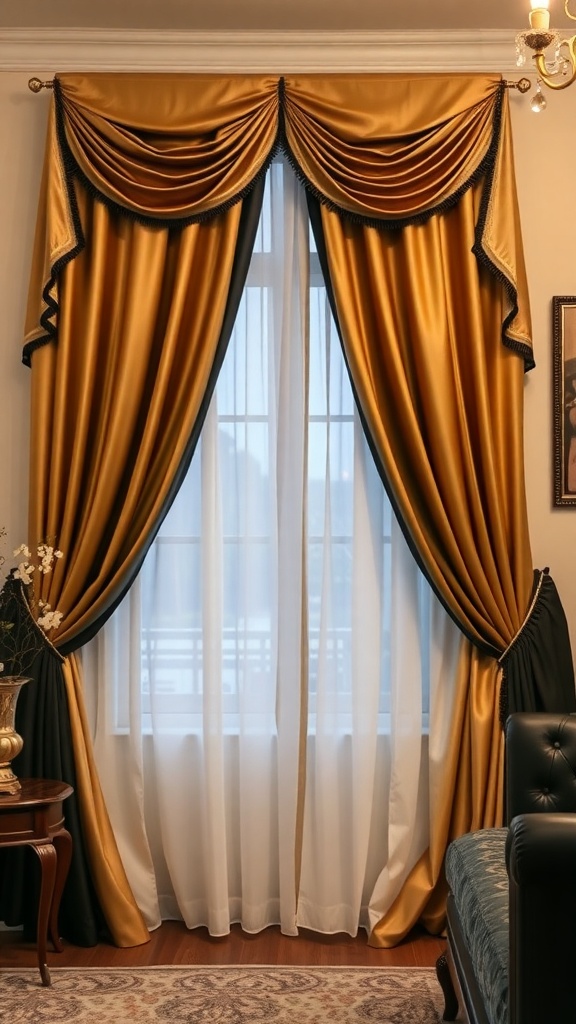 Elegant black and gold curtains framing a window in a cozy bedroom setting.